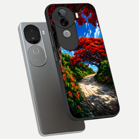 Red Trees Pathway phone case for iQOO Z9s showing premium glass back cover with detailed artwork