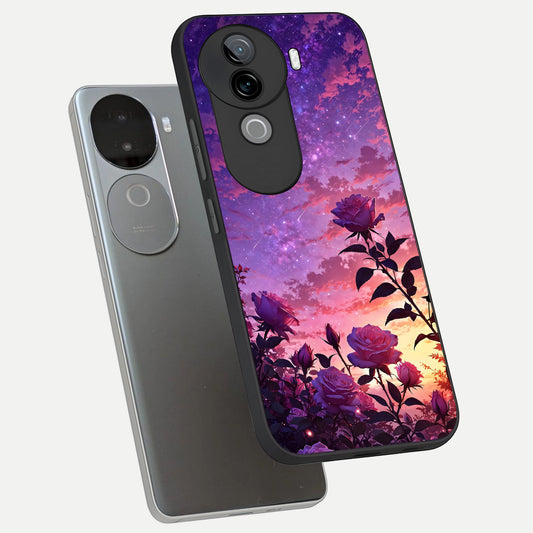 Starlit Rose Twilight phone case for iQOO Z9s showing premium glass back cover with detailed artwork
