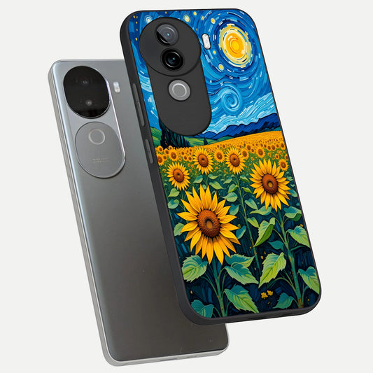 Starry Sunflower Dreams phone case for iQOO Z9s showing premium glass back cover with detailed artwork