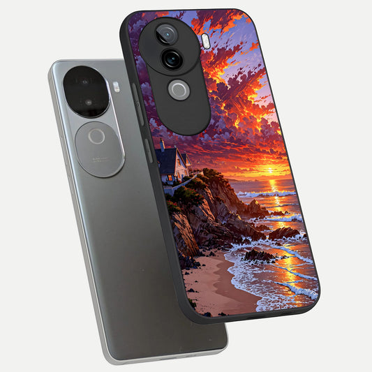 Sunset House By Sea phone case for iQOO Z9s showing premium glass back cover with detailed artwork