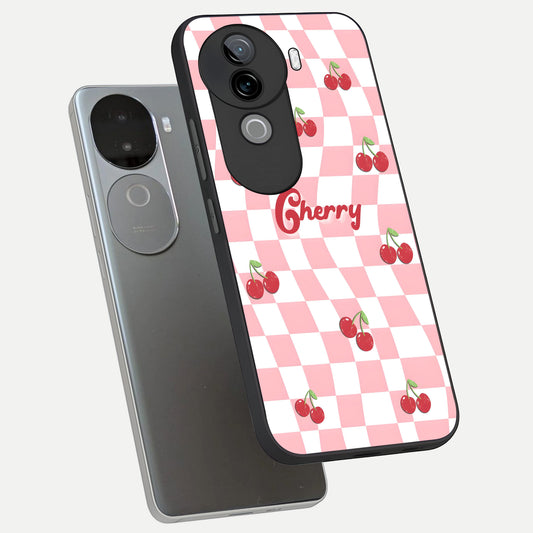 Sweet Cherry Vibes phone case for iQOO Z9s showing premium glass back cover with detailed artwork