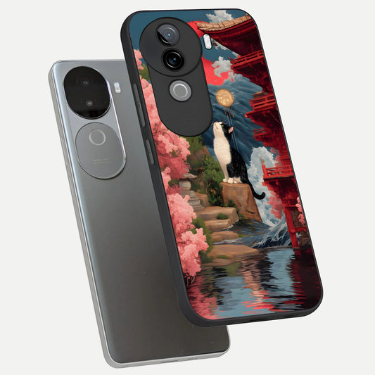 Temple Cat Scenery phone case for iQOO Z9s showing premium glass back cover with detailed artwork