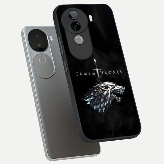 Throne Wolf Legacy phone case for iQOO Z9s showing premium glass back cover with detailed artwork