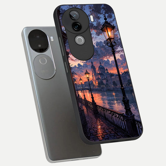 Twilight River Lights phone case for iQOO Z9s showing premium glass back cover with detailed artwork