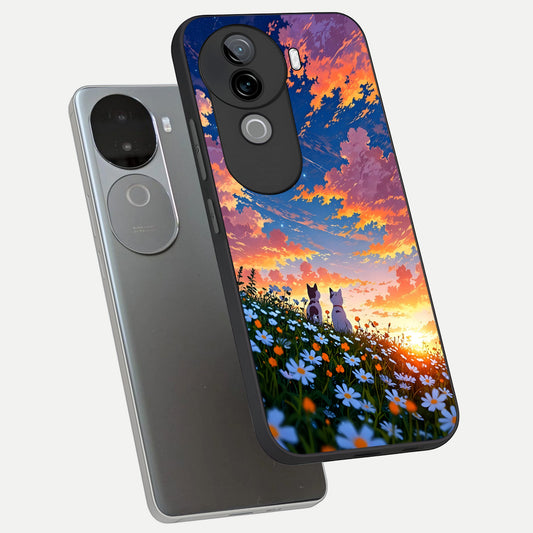 Two Cats Friends phone case for iQOO Z9s showing premium glass back cover with detailed artwork