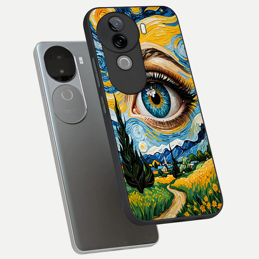 Van Gogh Eye phone case for iQOO Z9s showing premium glass back cover with detailed artwork