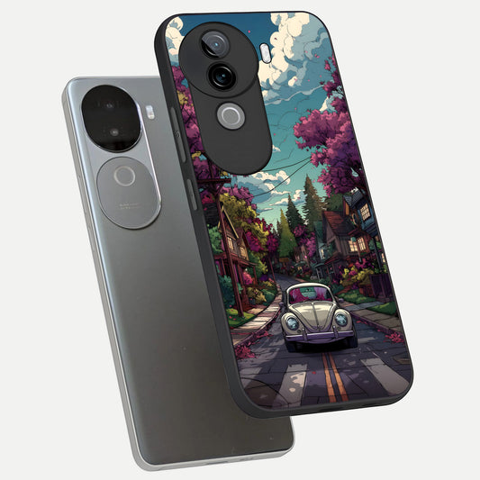 Vintage Street Drive phone case for iQOO Z9s showing premium glass back cover with detailed artwork