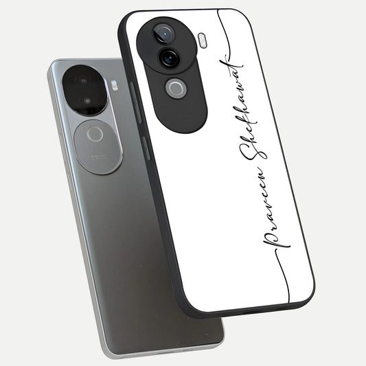 White Tune Custom Name phone case for iQOO Z9s showing premium custom name glass back cover