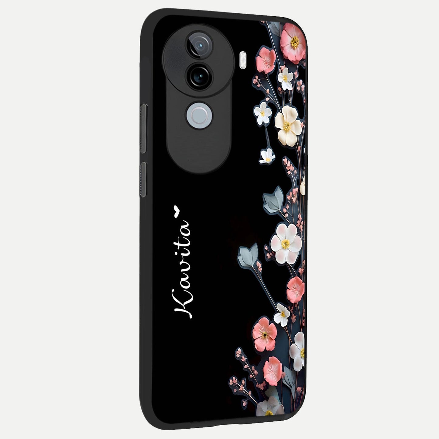 Black Elegance Floral Custom Name back cover for iQOO Z9s slim fit glass case with vibrant aesthetic design