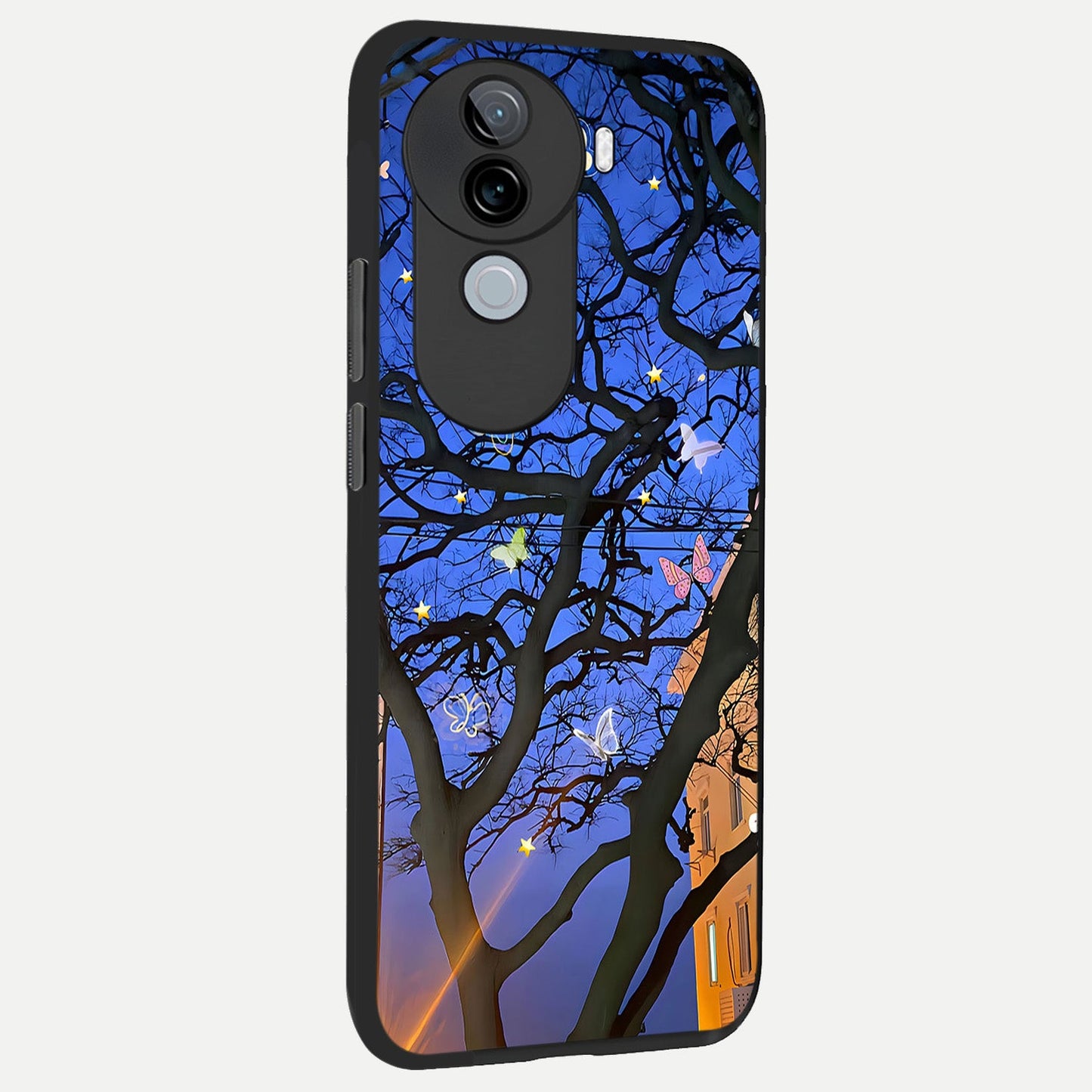 Butterfly Night Magic back cover for iQOO Z9s slim fit glass case with vibrant aesthetic design