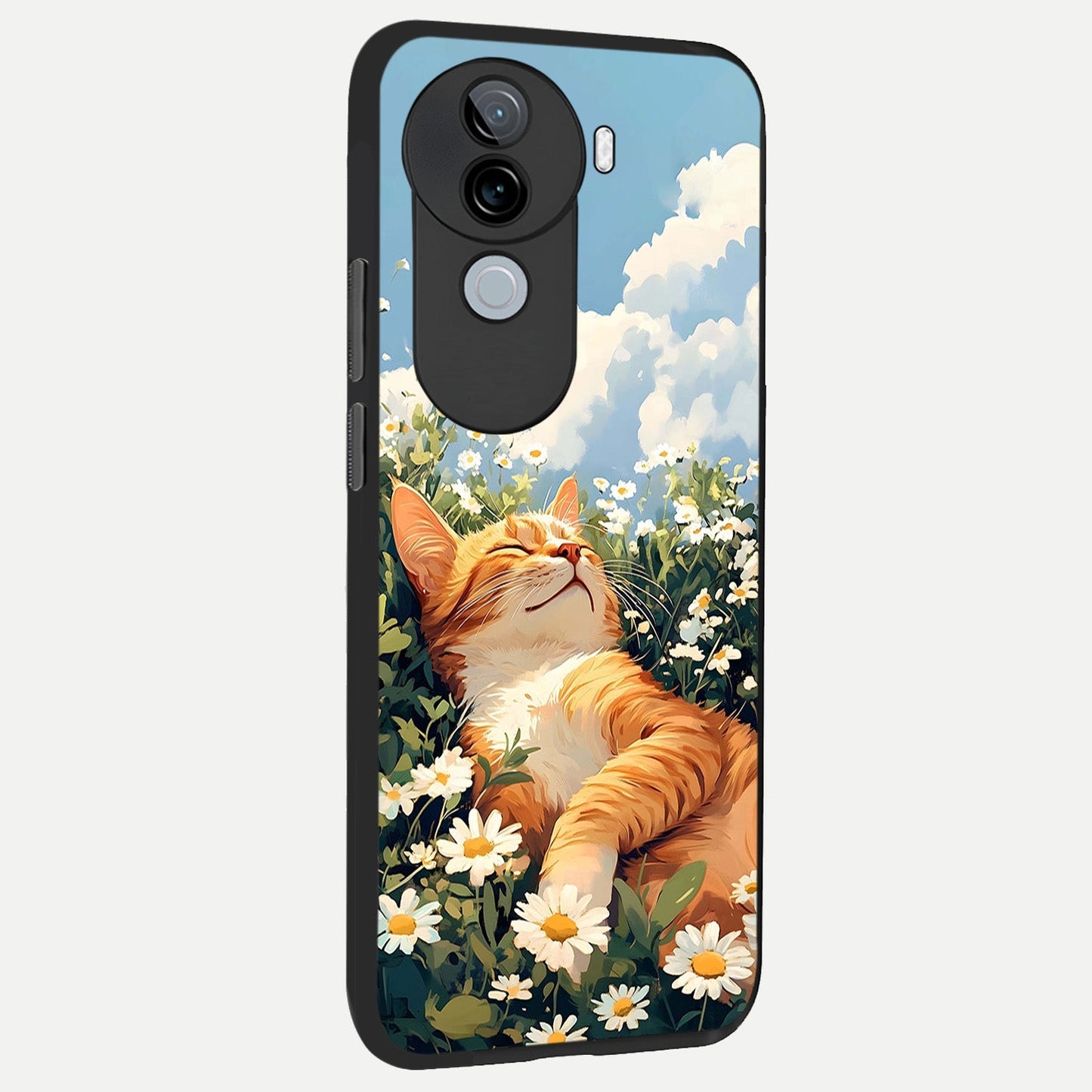 Cat And Flowers View back cover for iQOO Z9s slim fit glass case with vibrant aesthetic design