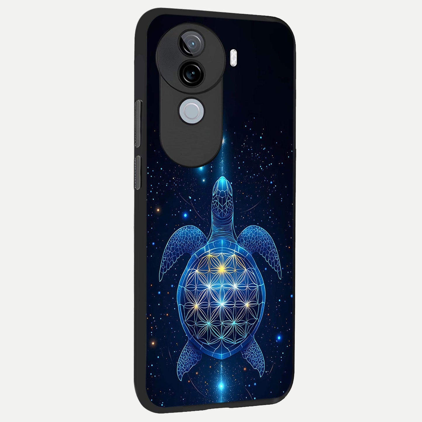 Crimson Blue Turtle back cover for iQOO Z9s slim fit glass case with vibrant aesthetic design