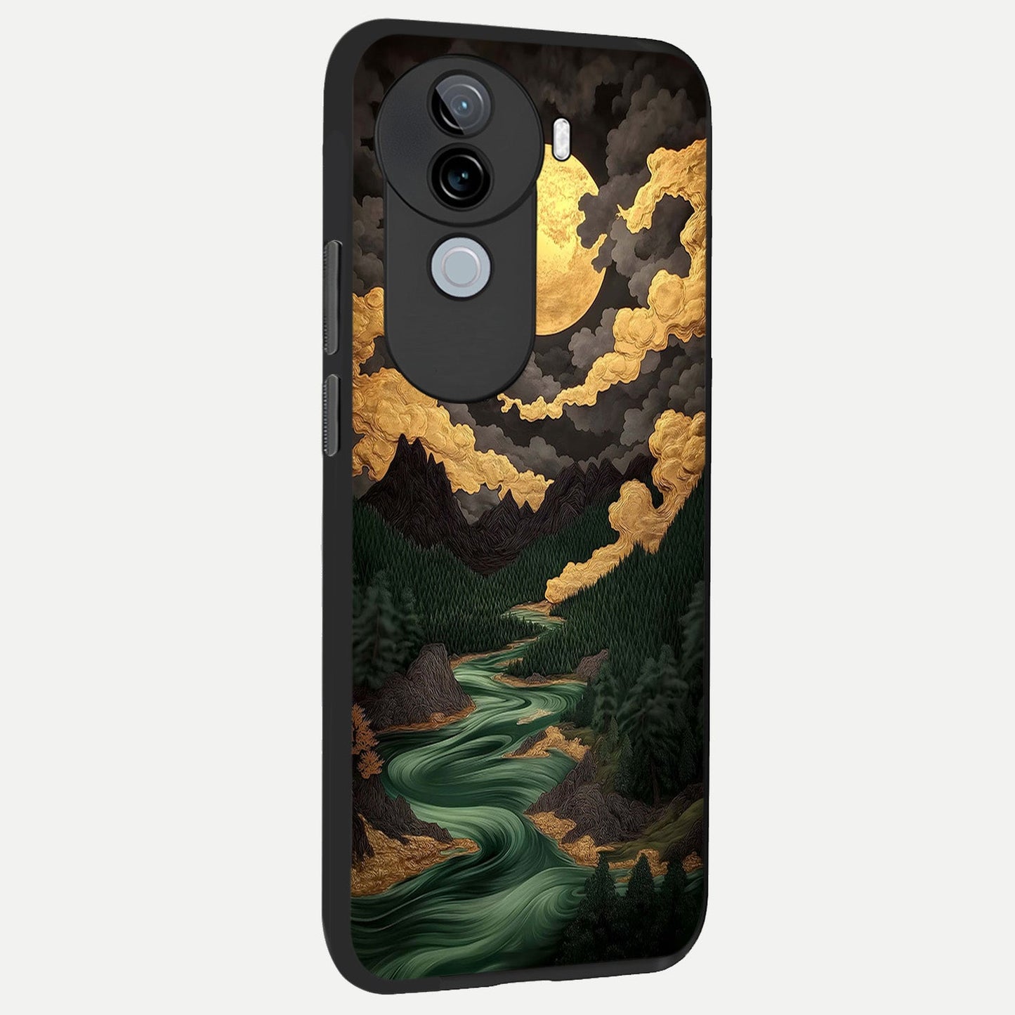 Golden River Moon back cover for iQOO Z9s slim fit glass case with vibrant aesthetic design