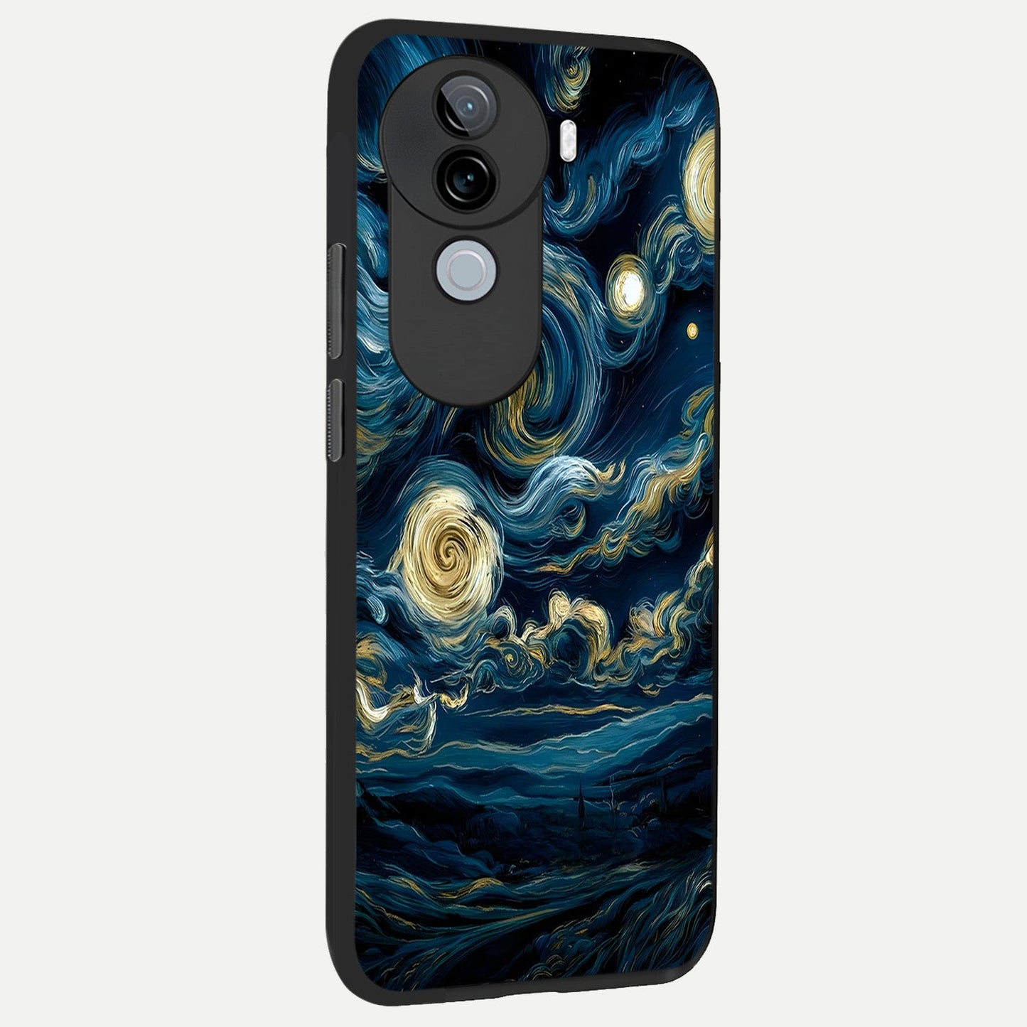 Midnight Sky Whirl back cover for iQOO Z9s slim fit glass case with vibrant aesthetic design