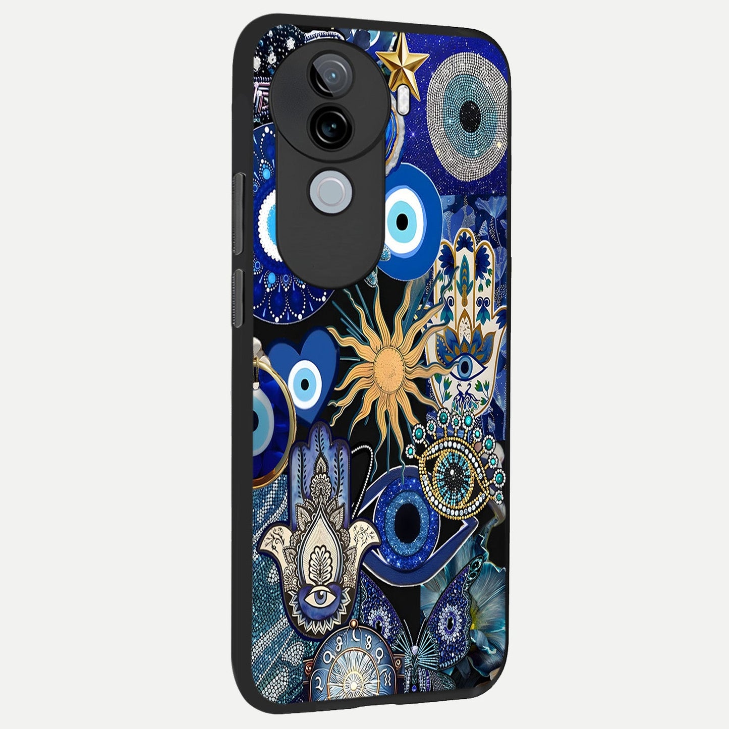 Mystic Blue Evil Eye back cover for iQOO Z9s slim fit glass case with vibrant aesthetic design