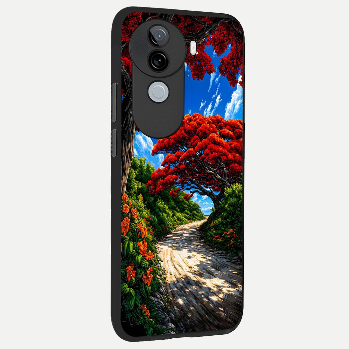Red Trees Pathway back cover for iQOO Z9s slim fit glass case with vibrant aesthetic design