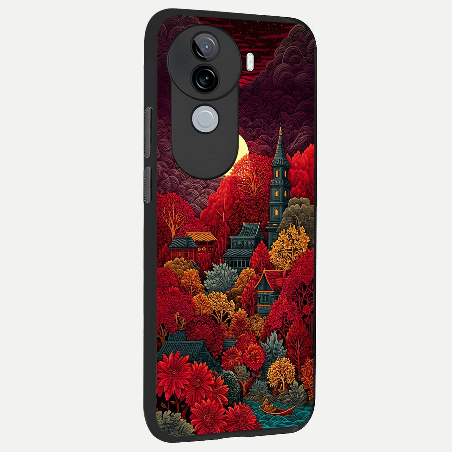 Scarlet Autumn Temple back cover for iQOO Z9s slim fit glass case with vibrant aesthetic design