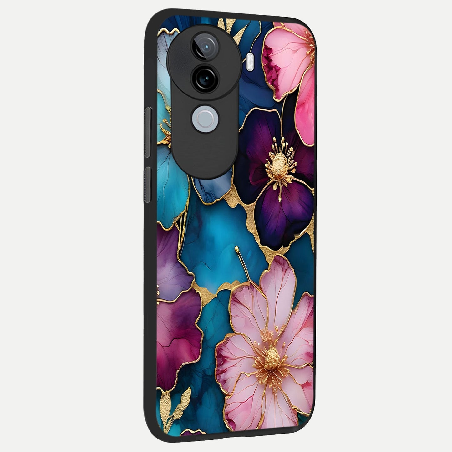 Sparkle Floral back cover for iQOO Z9s slim fit glass case with vibrant aesthetic design
