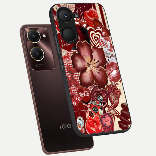 Aesthetic Little Freak phone case for iQOO Z9 lite showing premium glass back cover with detailed artwork
