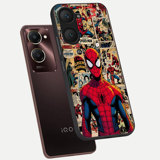 Aesthetic Spider phone case for iQOO Z9 lite showing premium glass back cover with detailed artwork