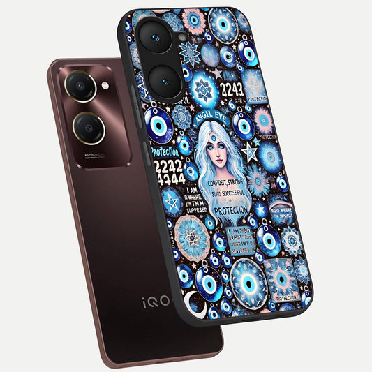 Angel Aura Shield phone case for iQOO Z9 lite showing premium glass back cover with detailed artwork