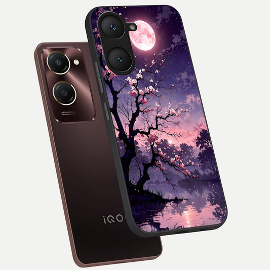 Blossom Pink Moon phone case for iQOO Z9 lite showing premium glass back cover with detailed artwork