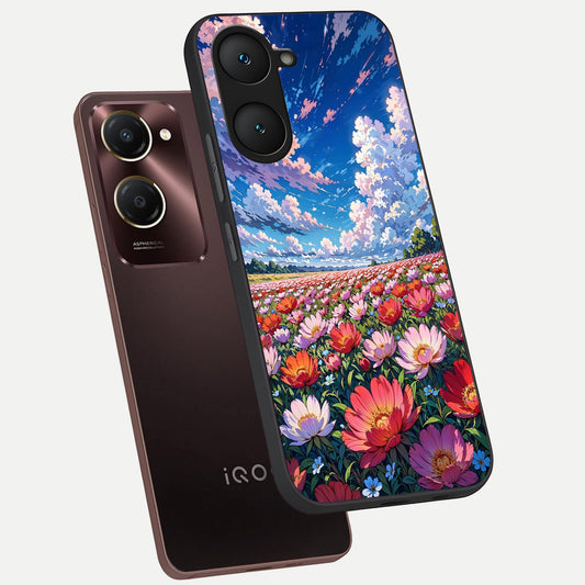 Blossom Sky Field phone case for iQOO Z9 lite showing premium glass back cover with detailed artwork