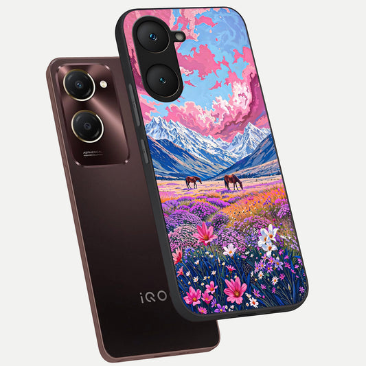 Blossom Valley Dream phone case for iQOO Z9 lite showing premium glass back cover with detailed artwork