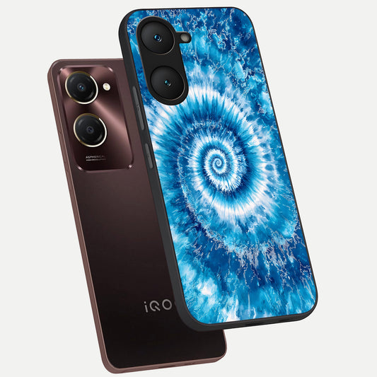 Blue Galaxy Wave phone case for iQOO Z9 lite showing premium glass back cover with detailed artwork
