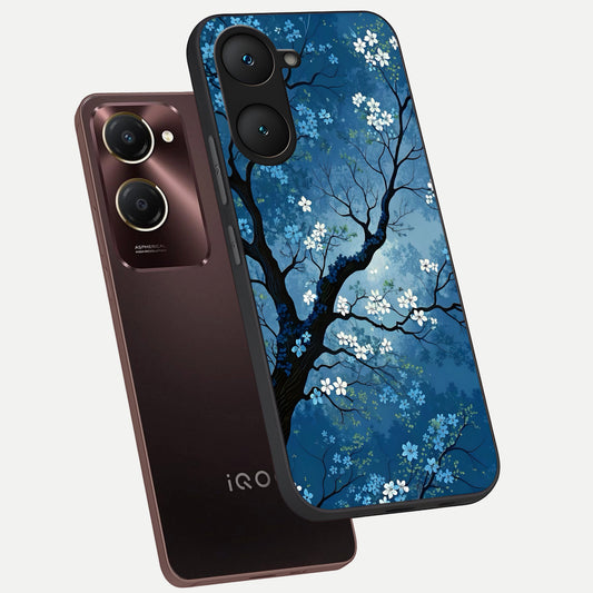 Blue Tree Serenity phone case for iQOO Z9 lite showing premium glass back cover with detailed artwork
