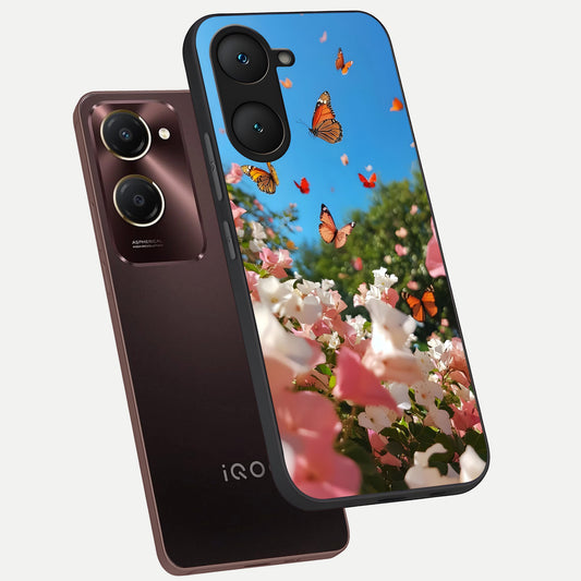 Butterflies In Bloom Sky phone case for iQOO Z9 lite showing premium glass back cover with detailed artwork