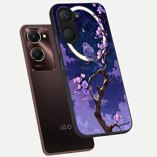Celestial Bird Blossom phone case for iQOO Z9 lite showing premium glass back cover with detailed artwork
