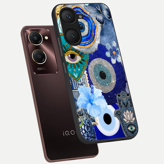 Celestial Blue Vision phone case for iQOO Z9 lite showing premium glass back cover with detailed artwork