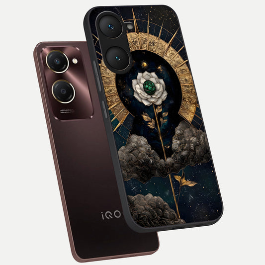 Celestial Lotus Morang phone case for iQOO Z9 lite showing premium glass back cover with detailed artwork