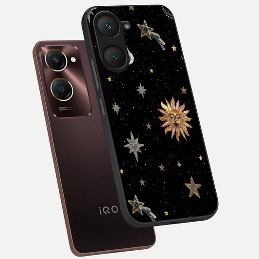 Celestial Moon With Stars phone case for iQOO Z9 lite showing premium glass back cover with detailed artwork