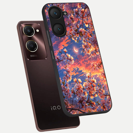 Celestial Sakura Sunset phone case for iQOO Z9 lite showing premium glass back cover with detailed artwork