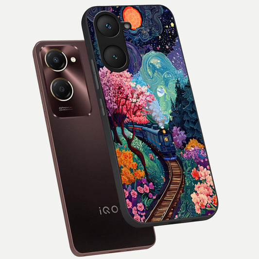 Celestial Train Journey phone case for iQOO Z9 lite showing premium glass back cover with detailed artwork