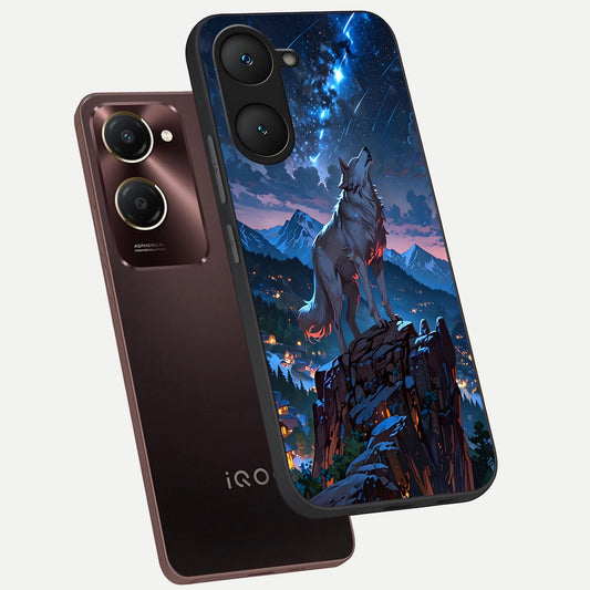 Celestial Wolf Howl phone case for iQOO Z9 lite showing premium glass back cover with detailed artwork