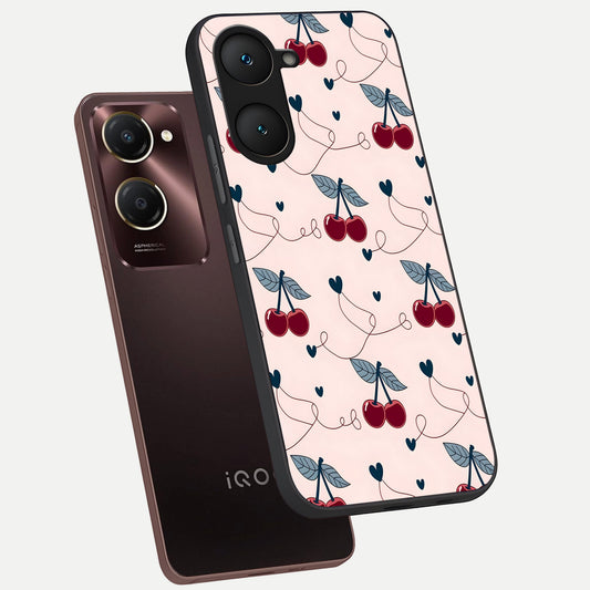 Cherry Heart Line phone case for iQOO Z9 lite showing premium glass back cover with detailed artwork