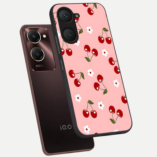Cherry Love Mood phone case for iQOO Z9 lite showing premium glass back cover with detailed artwork