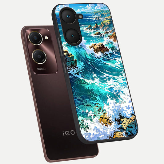 Coastal Blue Waves phone case for iQOO Z9 lite showing premium glass back cover with detailed artwork
