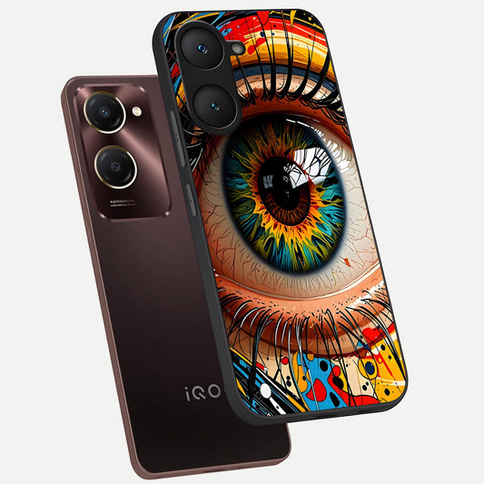 Colorful Eye phone case for iQOO Z9 lite showing premium glass back cover with detailed artwork