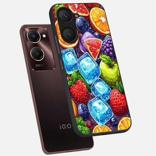 Colorful Fruits with Ice phone case for iQOO Z9 lite showing premium glass back cover with detailed artwork