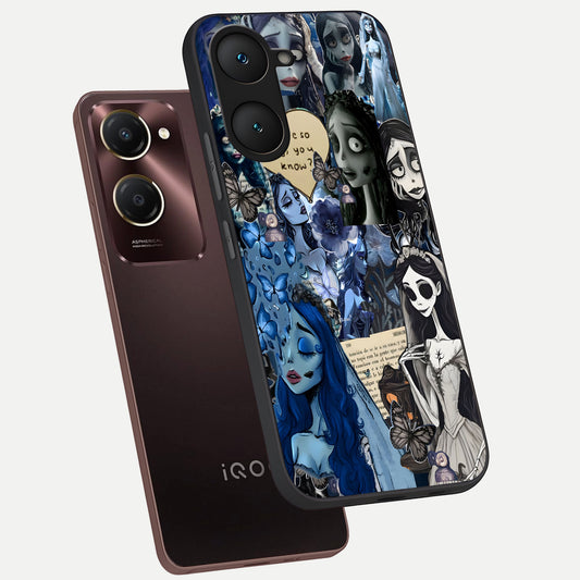 Corpse Bride Posters phone case for iQOO Z9 lite showing premium glass back cover with detailed artwork