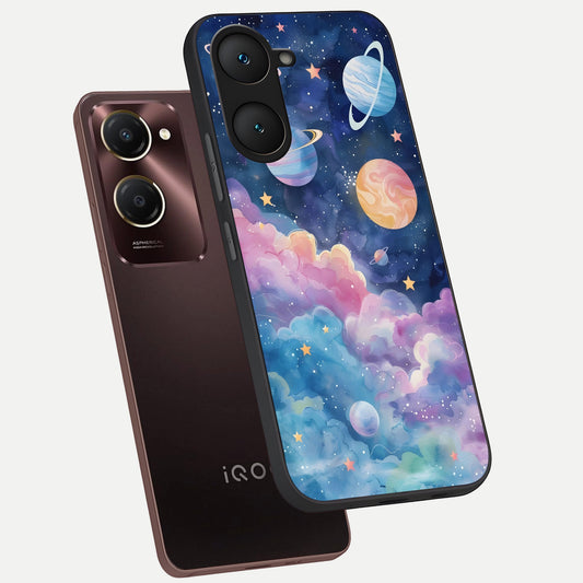 Cosmic Planet Dreams phone case for iQOO Z9 lite showing premium glass back cover with detailed artwork