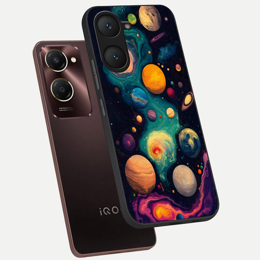 Cosmic Planet Journey phone case for iQOO Z9 lite showing premium glass back cover with detailed artwork