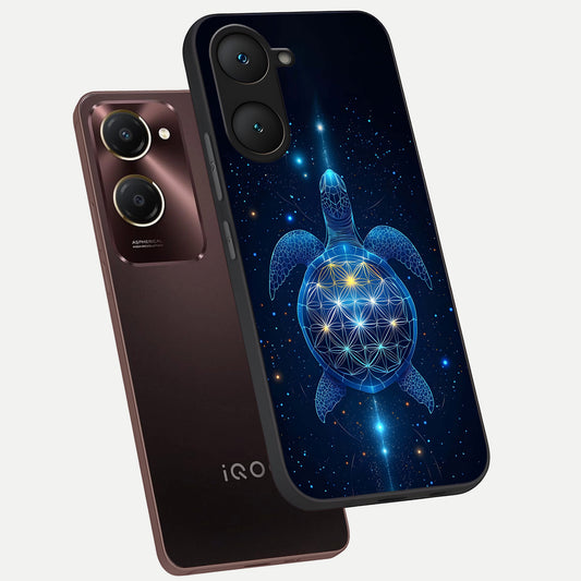 Crimson Blue Turtle phone case for iQOO Z9 lite showing premium glass back cover with detailed artwork