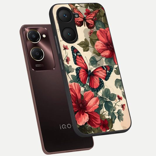 Crimson Butterfly Garden phone case for iQOO Z9 lite showing premium glass back cover with detailed artwork