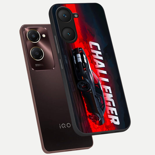 Crimson Challenger Fury phone case for iQOO Z9 lite showing premium glass back cover with detailed artwork