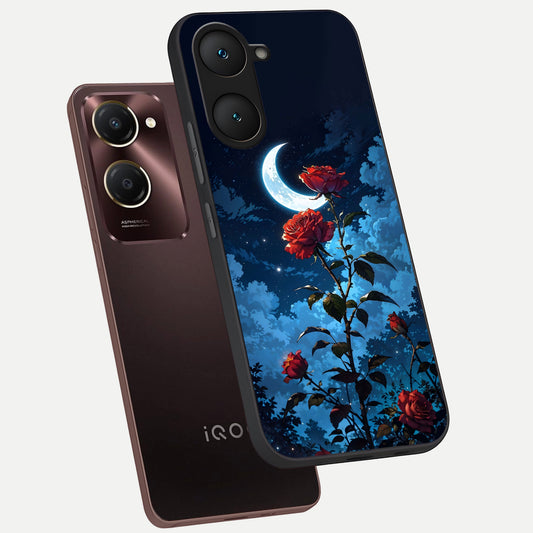 Crimson Rose Moon phone case for iQOO Z9 lite showing premium glass back cover with detailed artwork